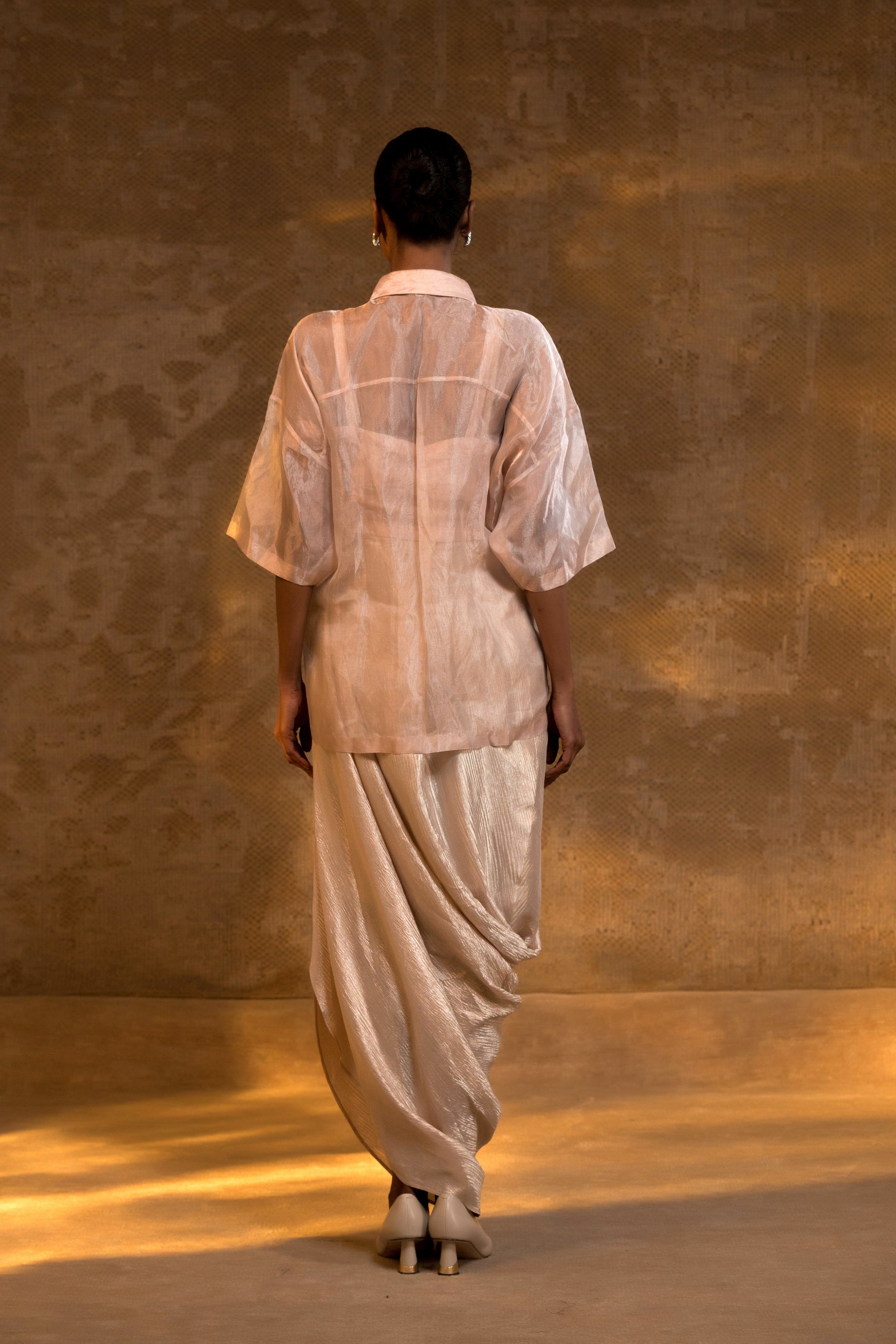 Back view Luxury tissue silk co ord set in gold for wedding guest wear by Eeda