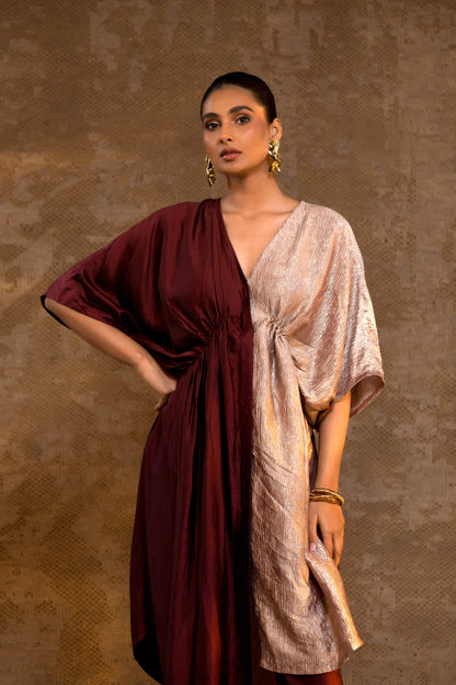 Agneya Silk & Crushed Tissue Kaftan Set - Brown