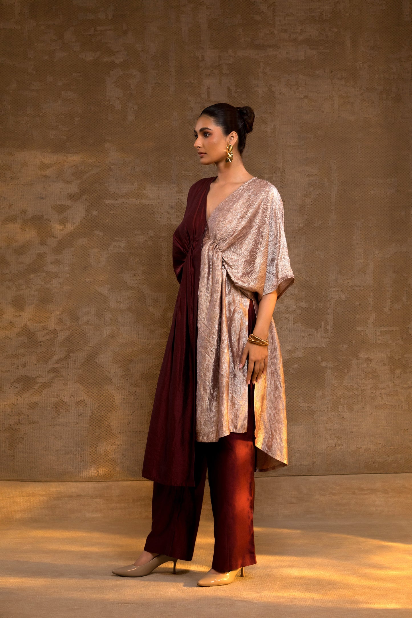 Agneya Silk & Crushed Tissue Kaftan Set - Brown