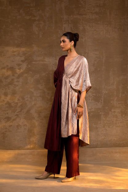 Agneya Silk & Crushed Tissue Kaftan Set - Brown