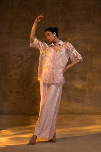 Pink designer Tissue Cord Set with Zardozi Tulip Embroidery