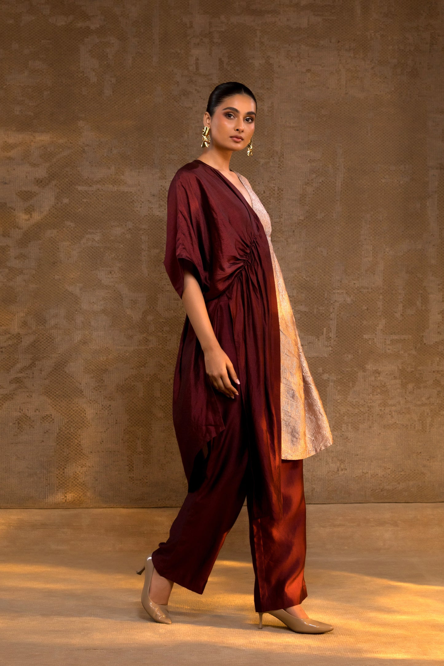 Agneya Silk & Crushed Tissue Kaftan Set - Brown