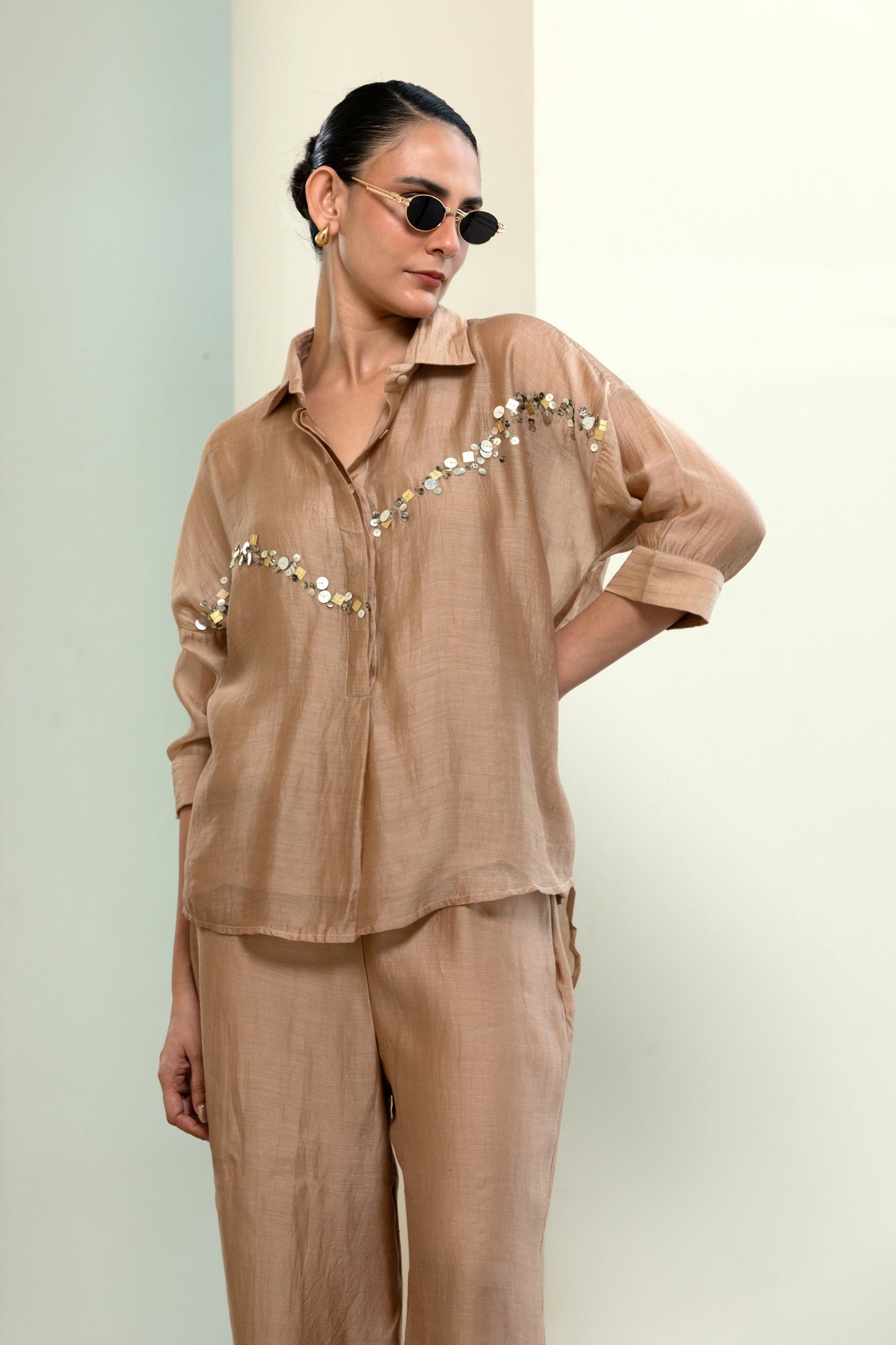 Chanderi Silk Sequins Shirt - Beige