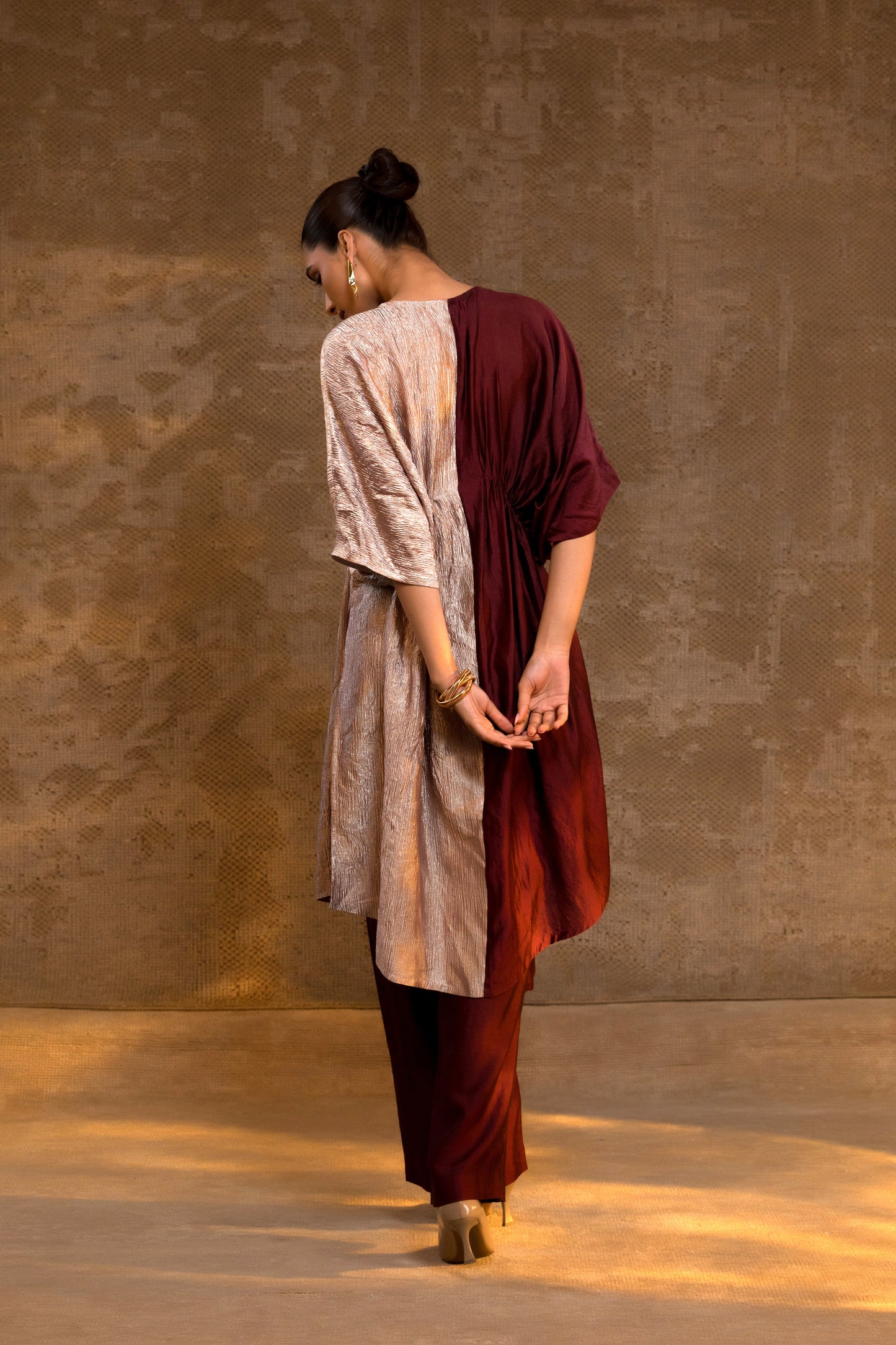 Agneya Silk & Crushed Tissue Kaftan Set - Brown