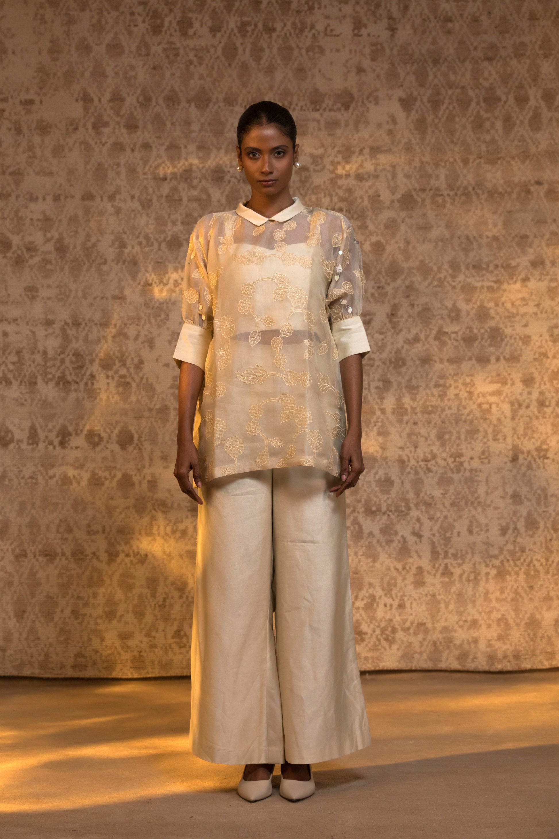 Off white organza silk banarasi shirt cord with collar detail, modern Indian designer outfit for festive and online brand shopping