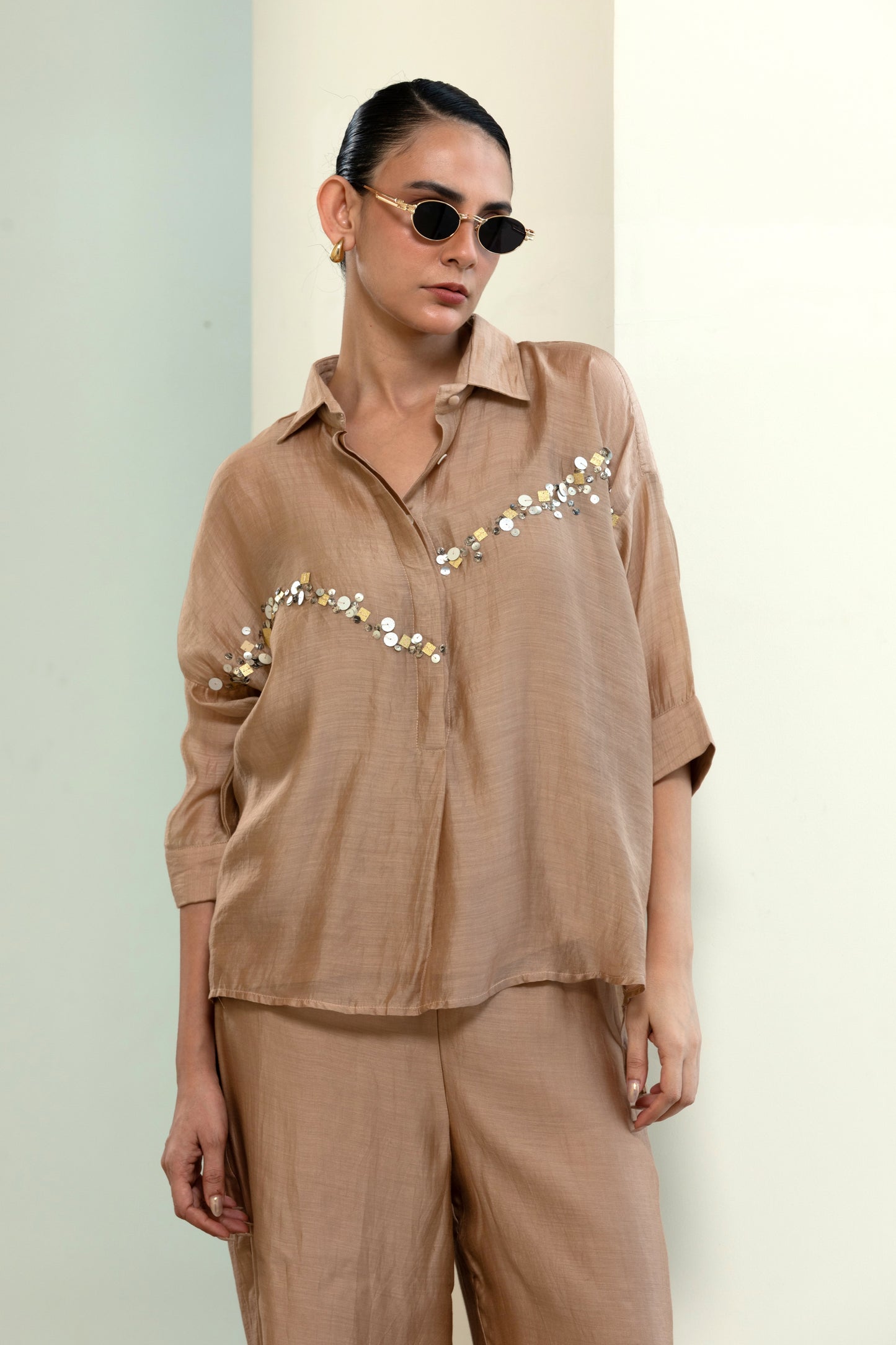 Chanderi Silk Sequins Shirt - Beige