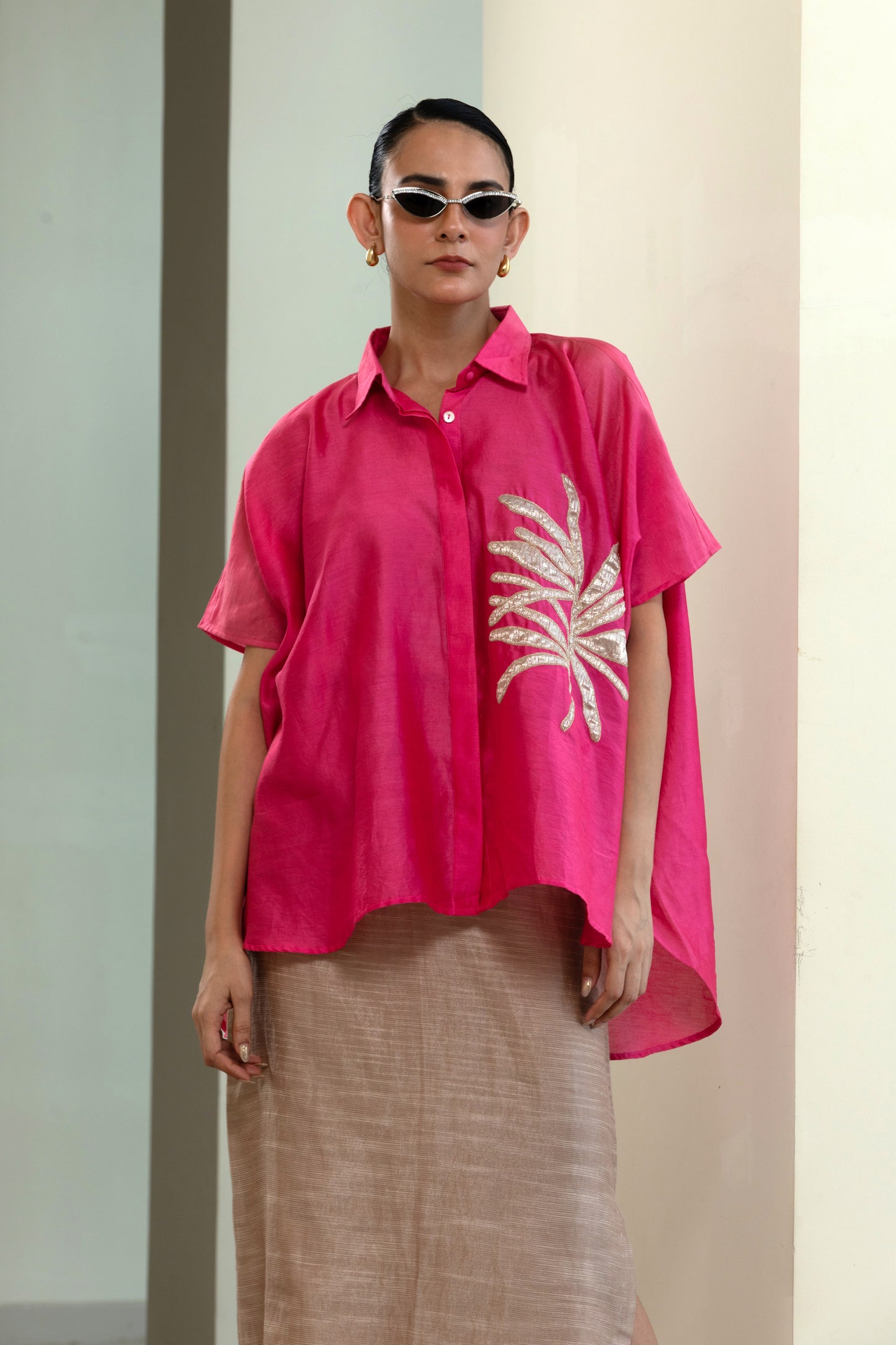 Leaf Kaftan Shirt - Pink