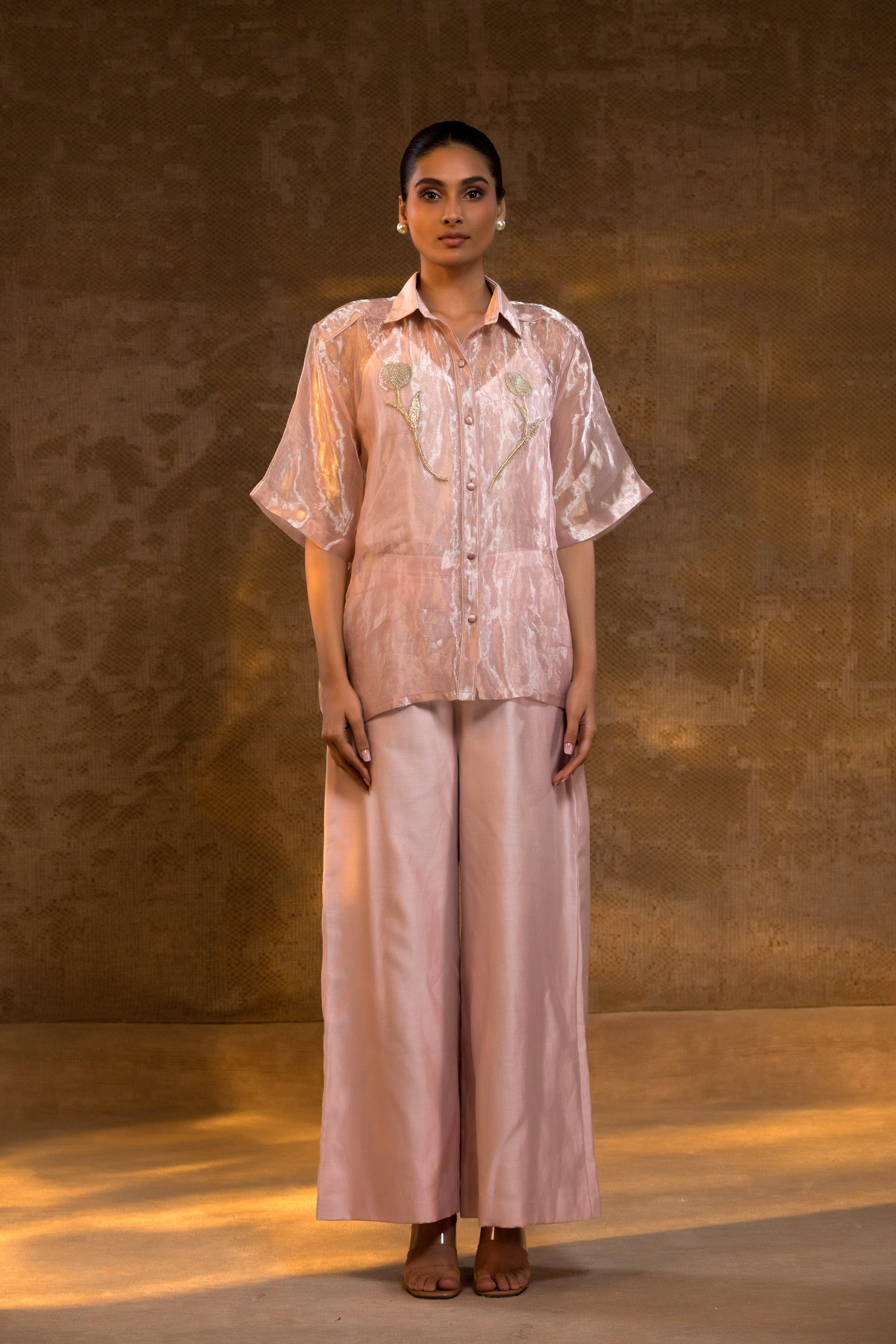 Sheer silk tissue coord set with zardozi tulip embroidery in pastel tone by Indian designer label EEDA