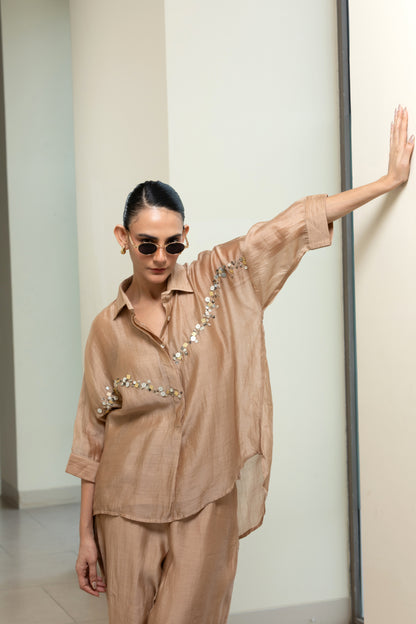 Chanderi Silk Sequins Shirt - Beige