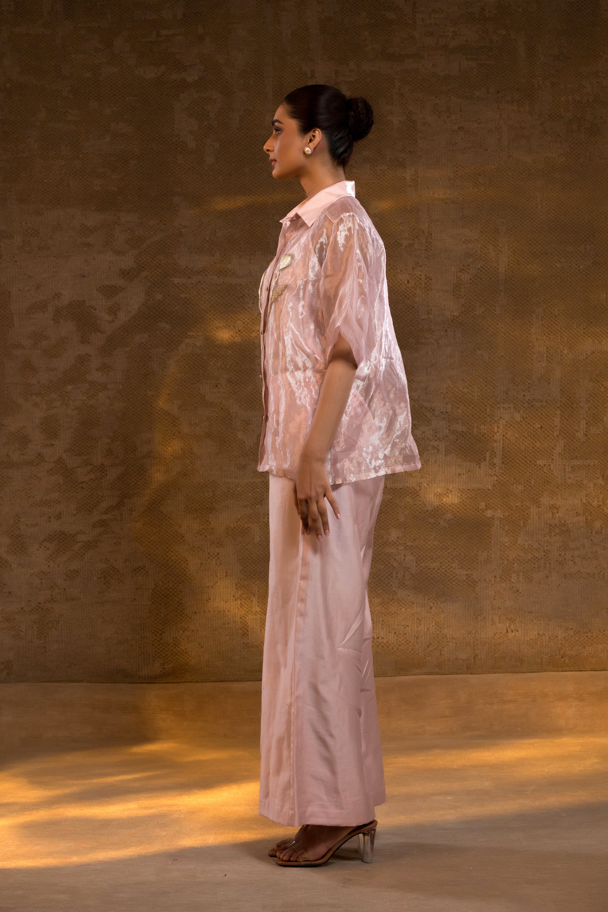 Pink designer Tissue Cord Set with hand Embroidery