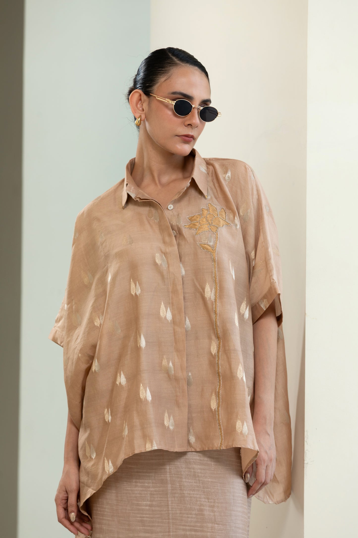 Asymmetrical Rose  Shirt - Beige
