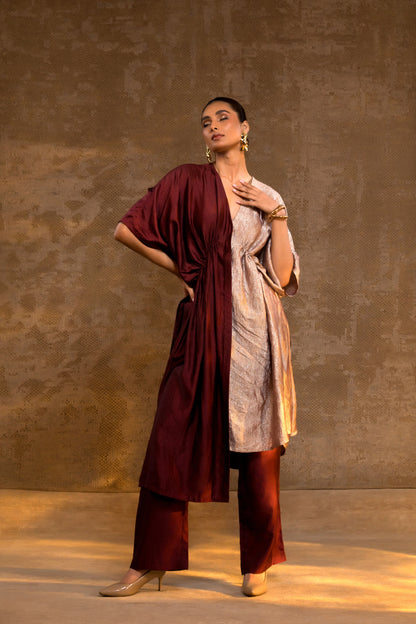 Agneya Silk & Crushed Tissue Kaftan Set - Brown