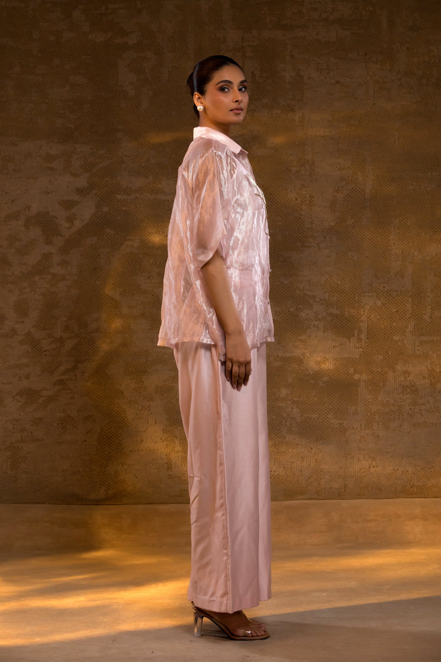 Pink banarasi Tissue Cord Set with hand Embroidery