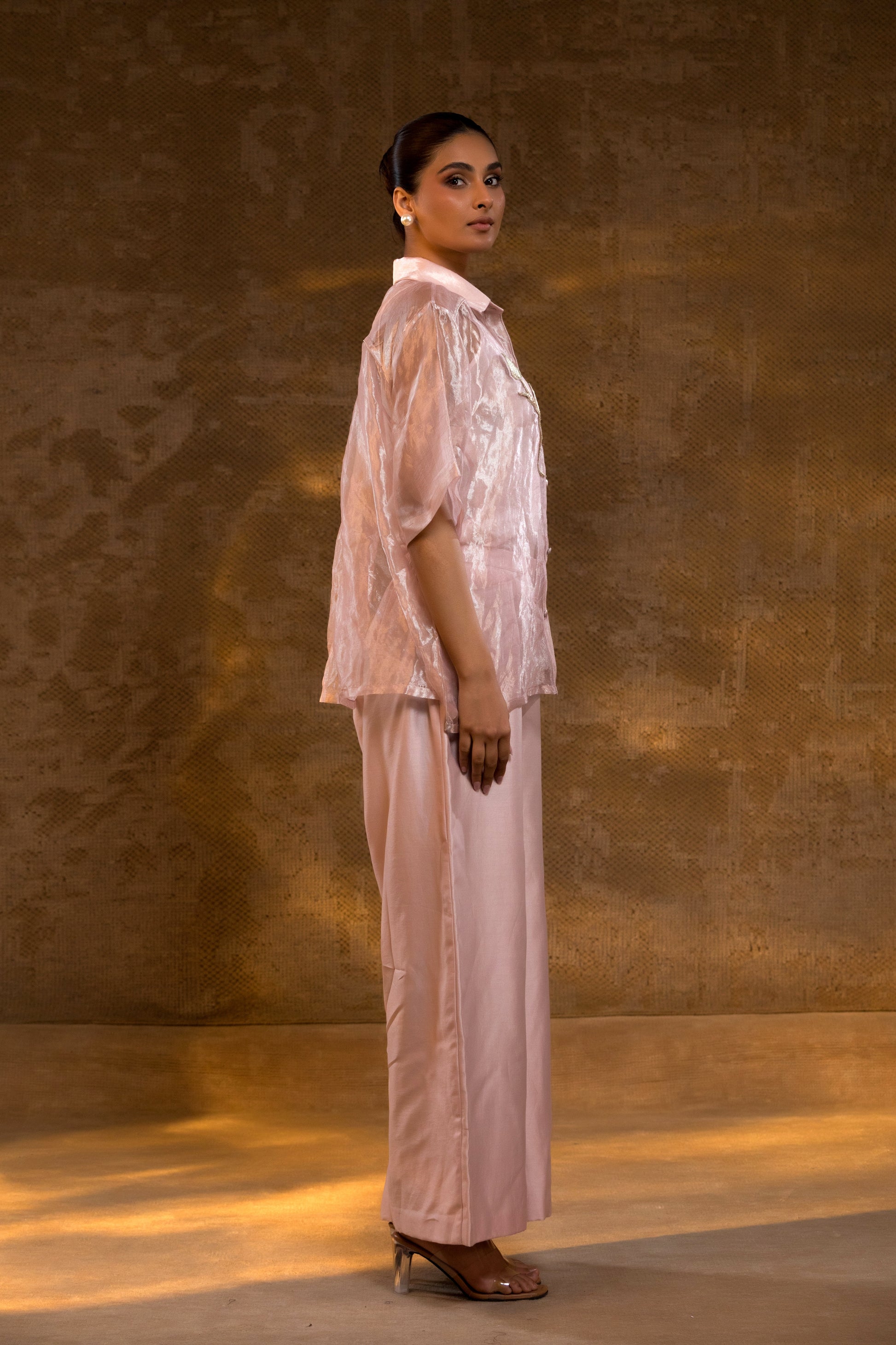 Pink banarasi Tissue Cord Set with hand Embroidery