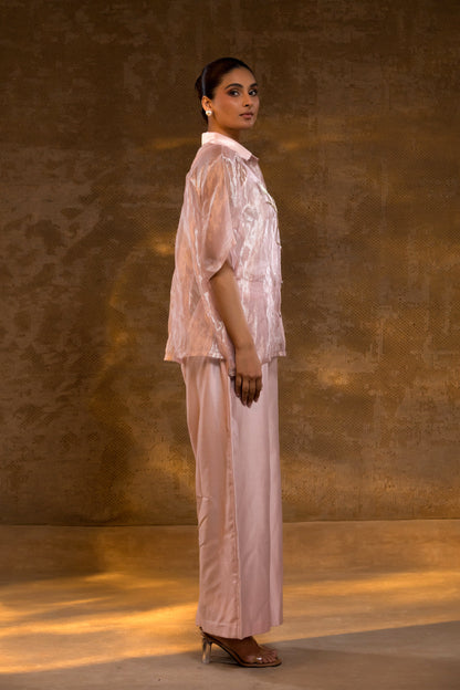 Pink banarasi Tissue Cord Set with hand Embroidery