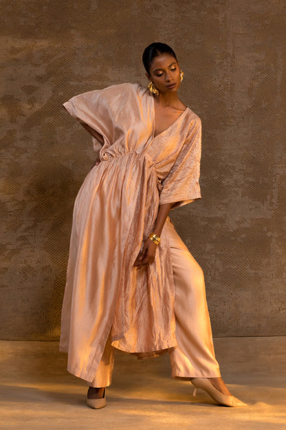 Agneya Silk & Crushed Tissue Kaftan Set - Blush