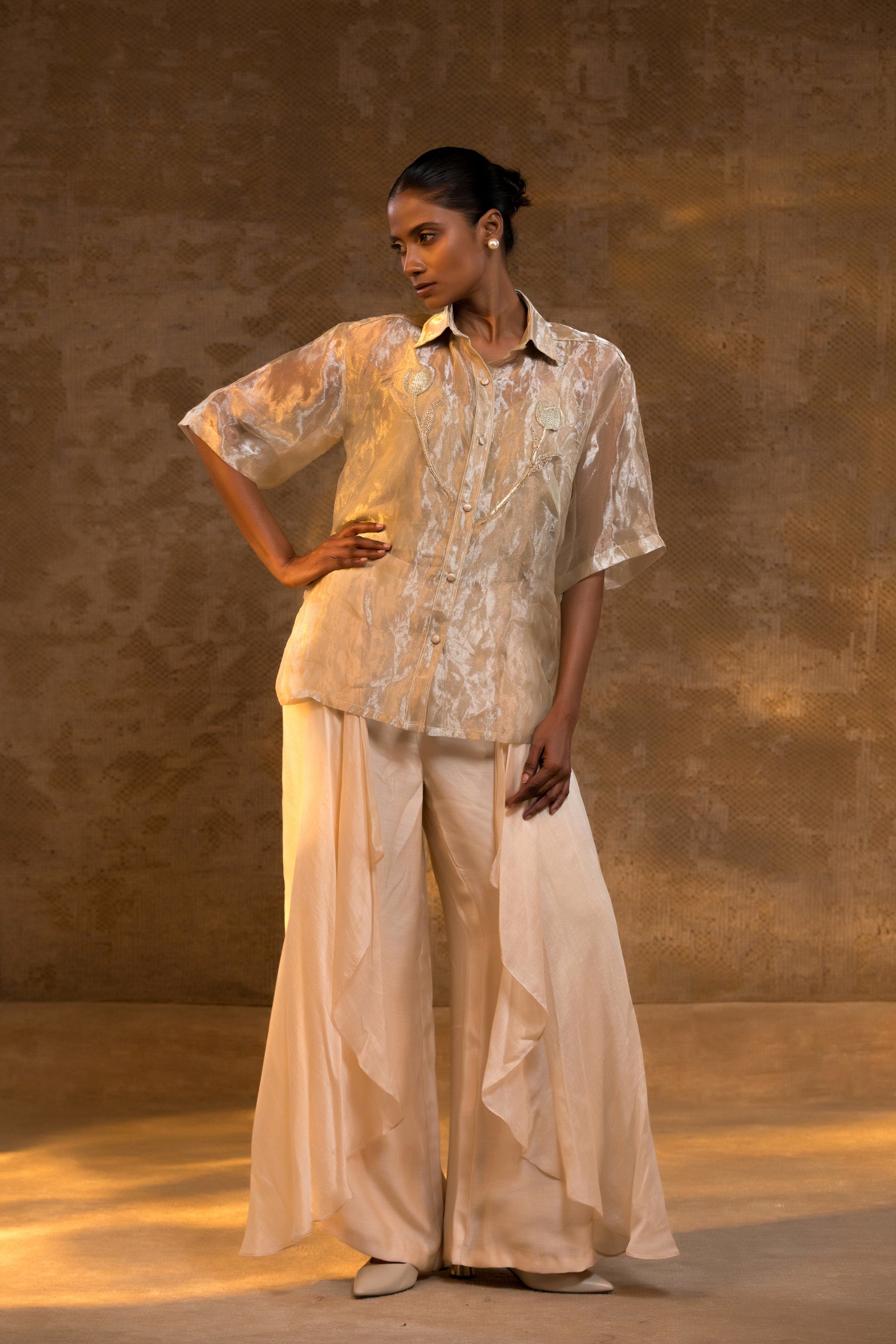 Eeda Tissue Co-ord Set with Zadozi Tulip Embroidery in Ivory