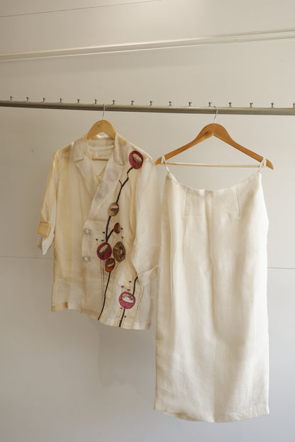 eeda ivory silk organza patchwork shirt with matching skirt set, front view, handcrafted in Varanasi