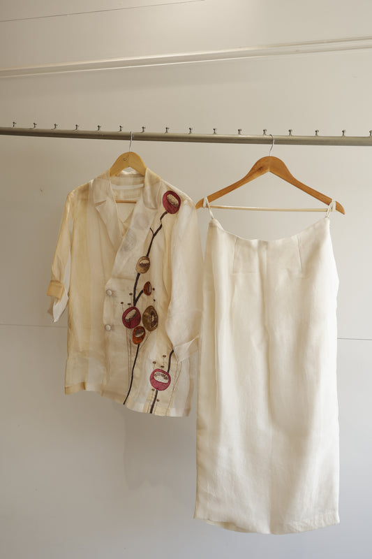 eeda ivory silk organza patchwork shirt with matching skirt set, front view, handcrafted in Varanasi