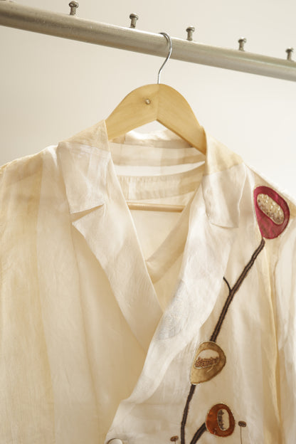 eeda ivory silk organza shirt set, detail view of patchwork construction and fabric