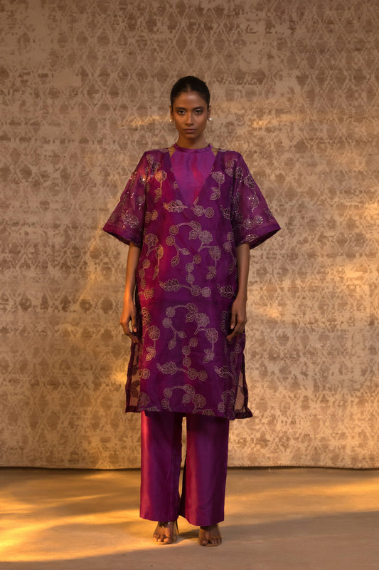 Purple organza silk halter kurta set with zari chanderi applique, modern Indian festive designer outfit for weddings and NRI