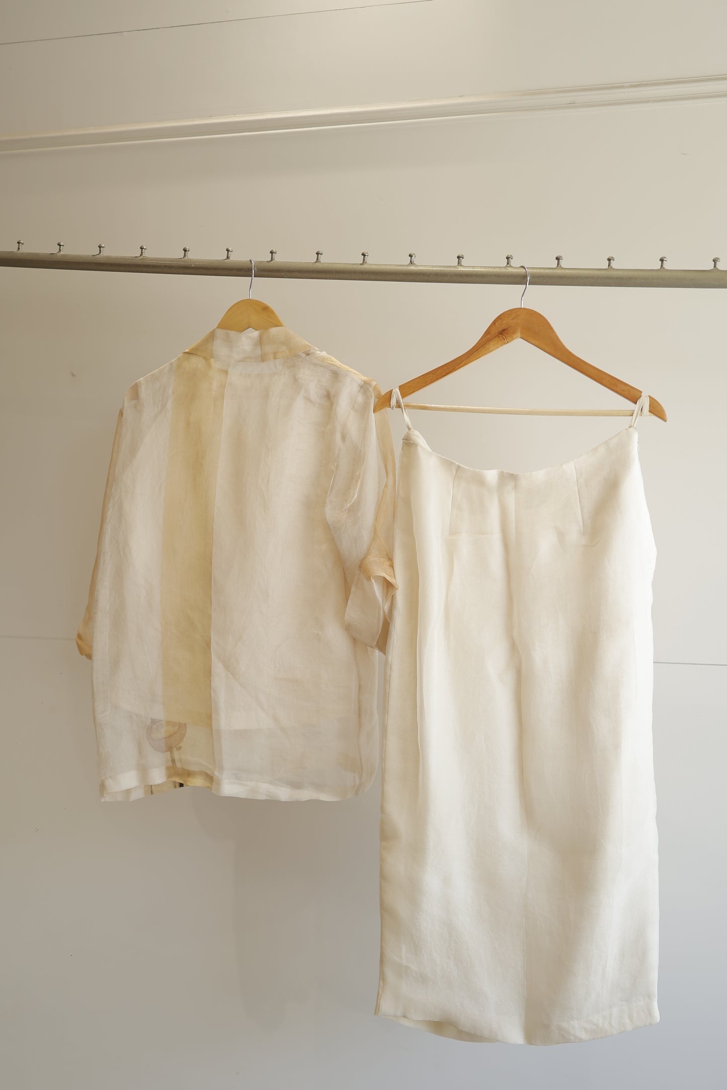 eeda ivory silk organza patchwork shirt with skirt, back view showing relaxed fit