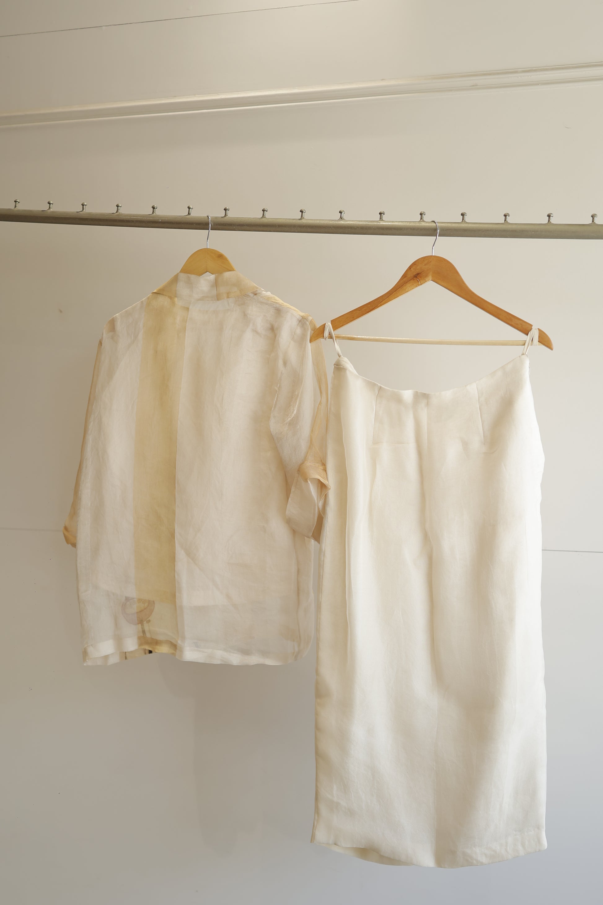 eeda ivory silk organza patchwork shirt with skirt, back view showing relaxed fit