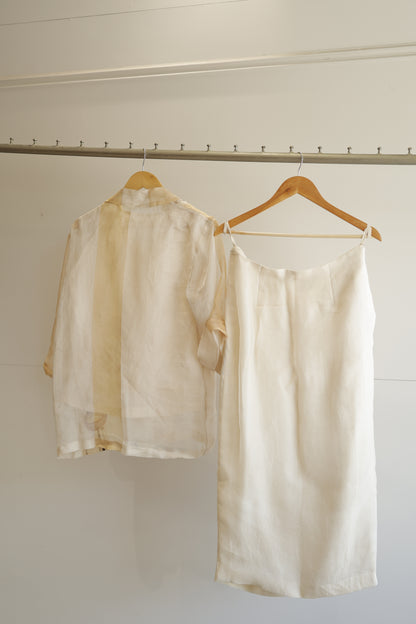 eeda ivory silk organza patchwork shirt with skirt, back view showing relaxed fit