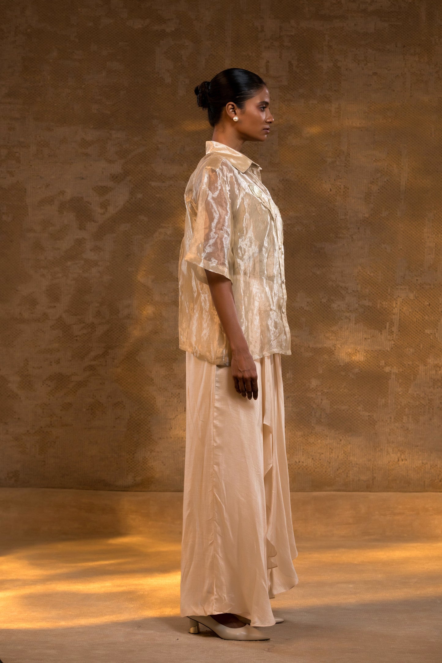 Eeda Tissue silk Coord option with  Tulip hand Embroidery in light gold