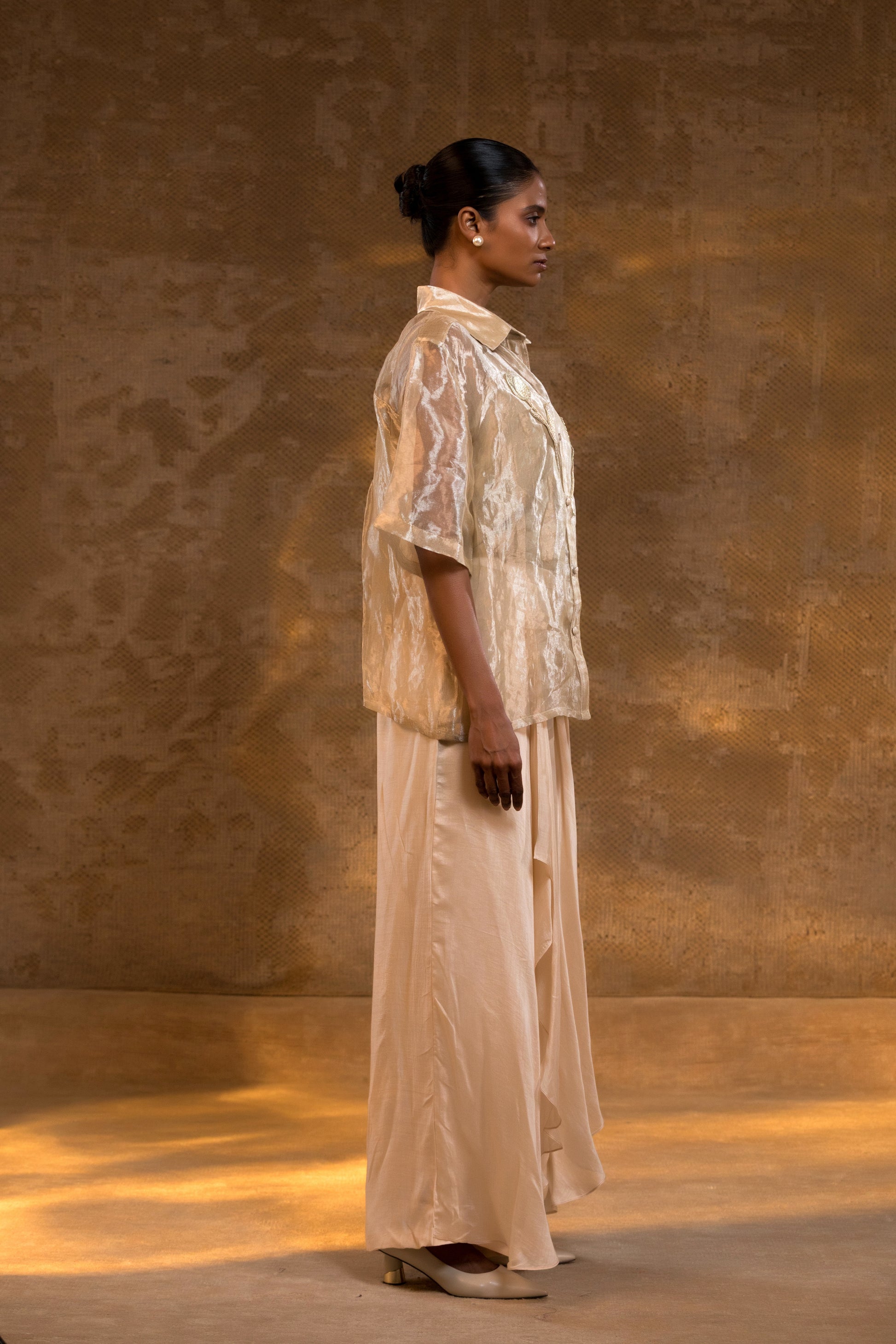 Eeda Tissue silk Coord option with  Tulip hand Embroidery in light gold