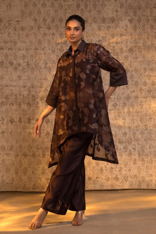 Brown organza silk collared kurta set, modern Indian festive designer outfit for weddings and online shoppers