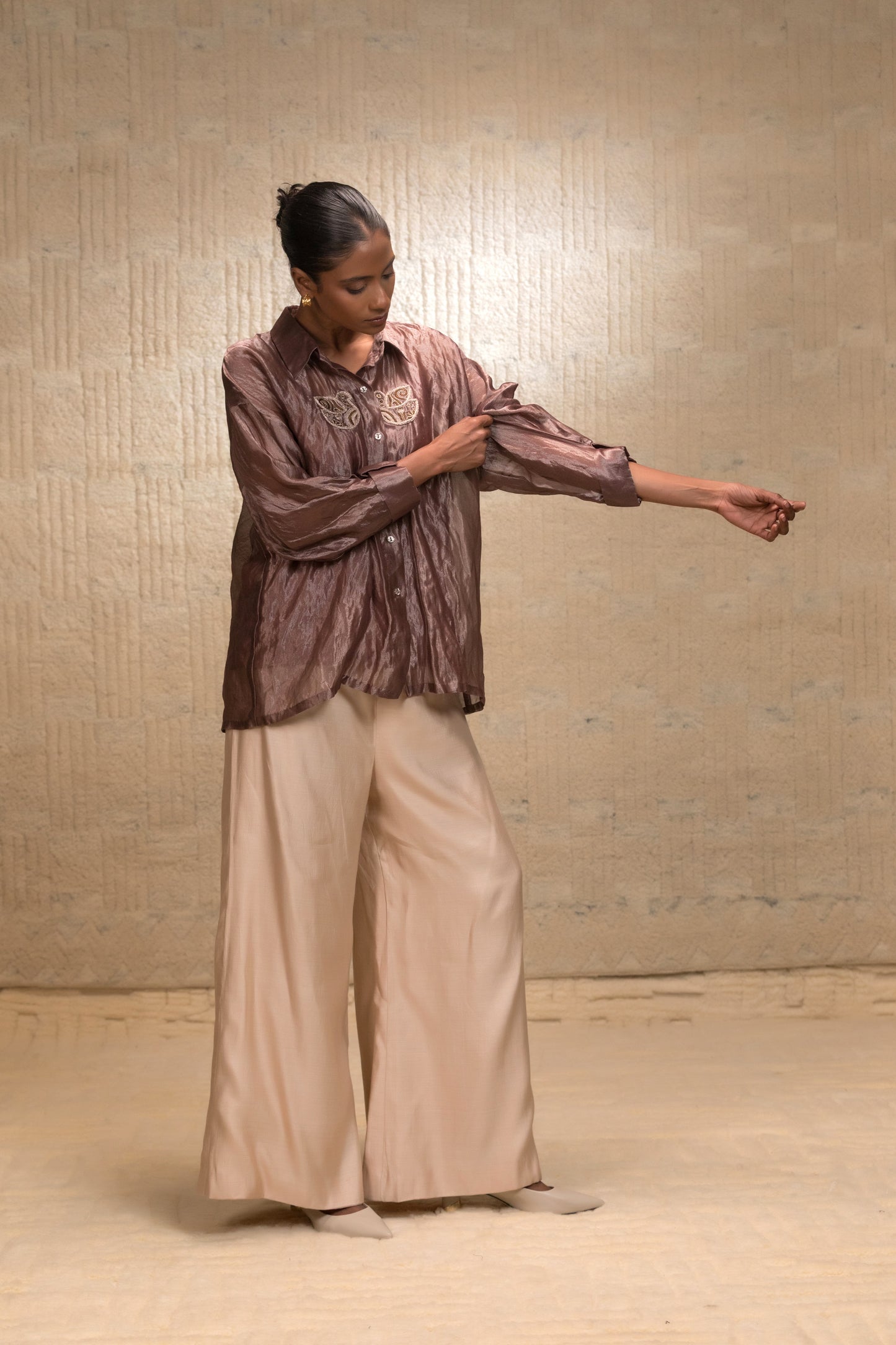 Eeda Silk Striped Tissue Shirt - Brown