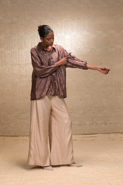 Eeda Silk Striped Tissue Shirt - Brown