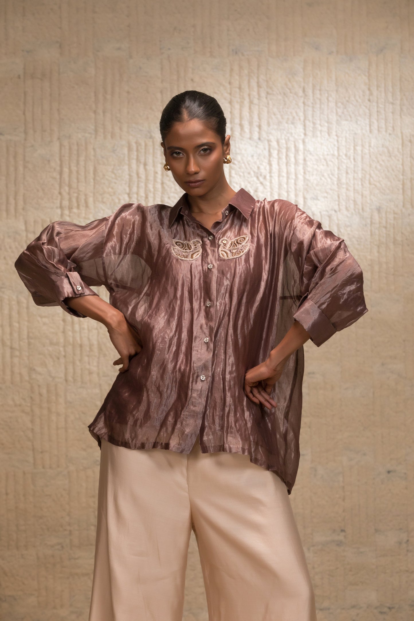 Premium tissue shirt for women with relaxed fit, Indian designer wear, luxury Indo-western shirt, handcrafted womenswear India