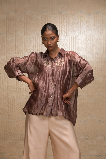 Premium tissue shirt for women with relaxed fit, Indian designer wear, luxury Indo-western shirt, handcrafted womenswear India
