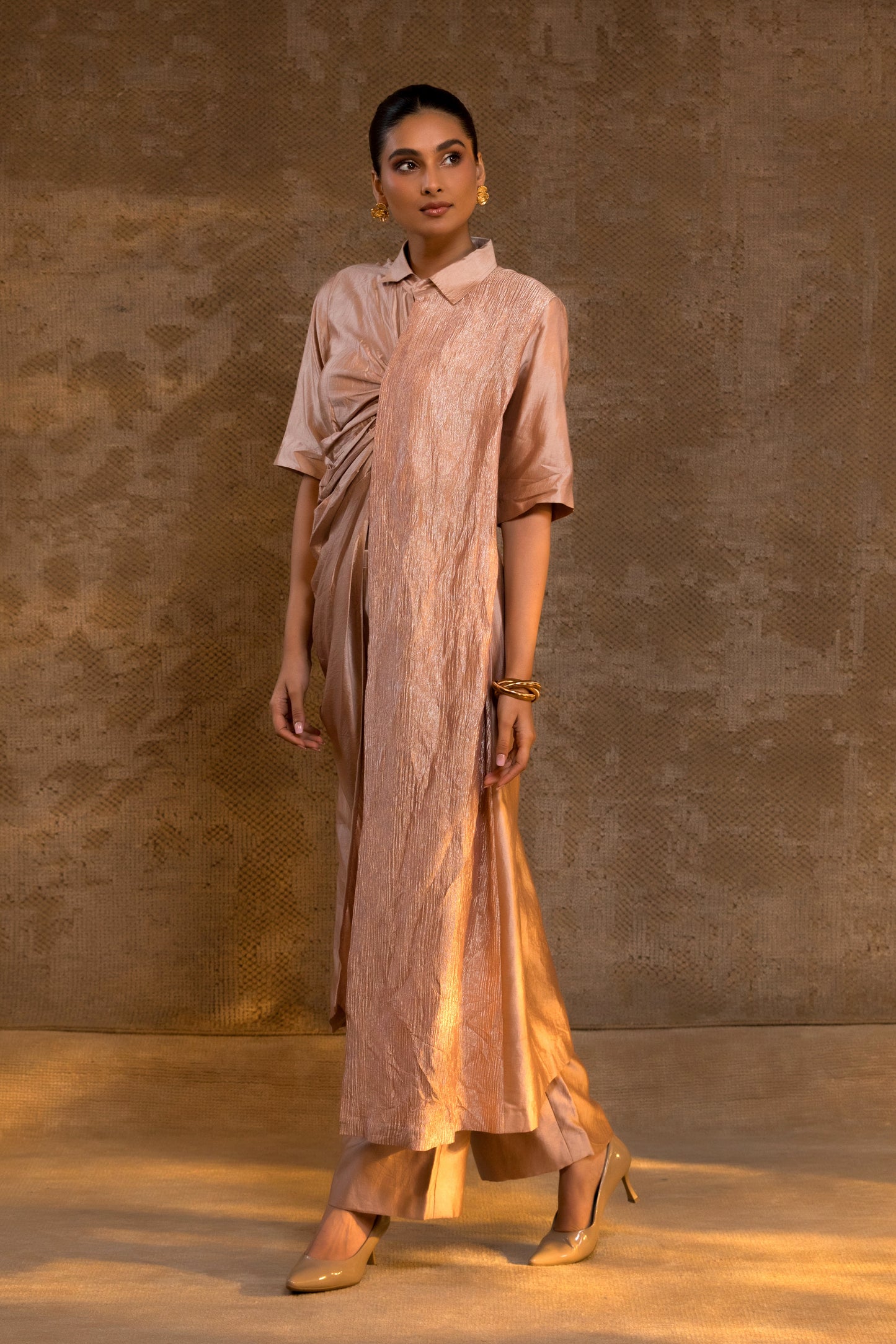 Agneya Silk Drape Shirt Set - Blush