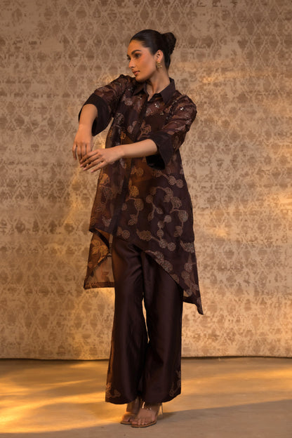 Taral Pure Organza Collared KurtaSet - Brown