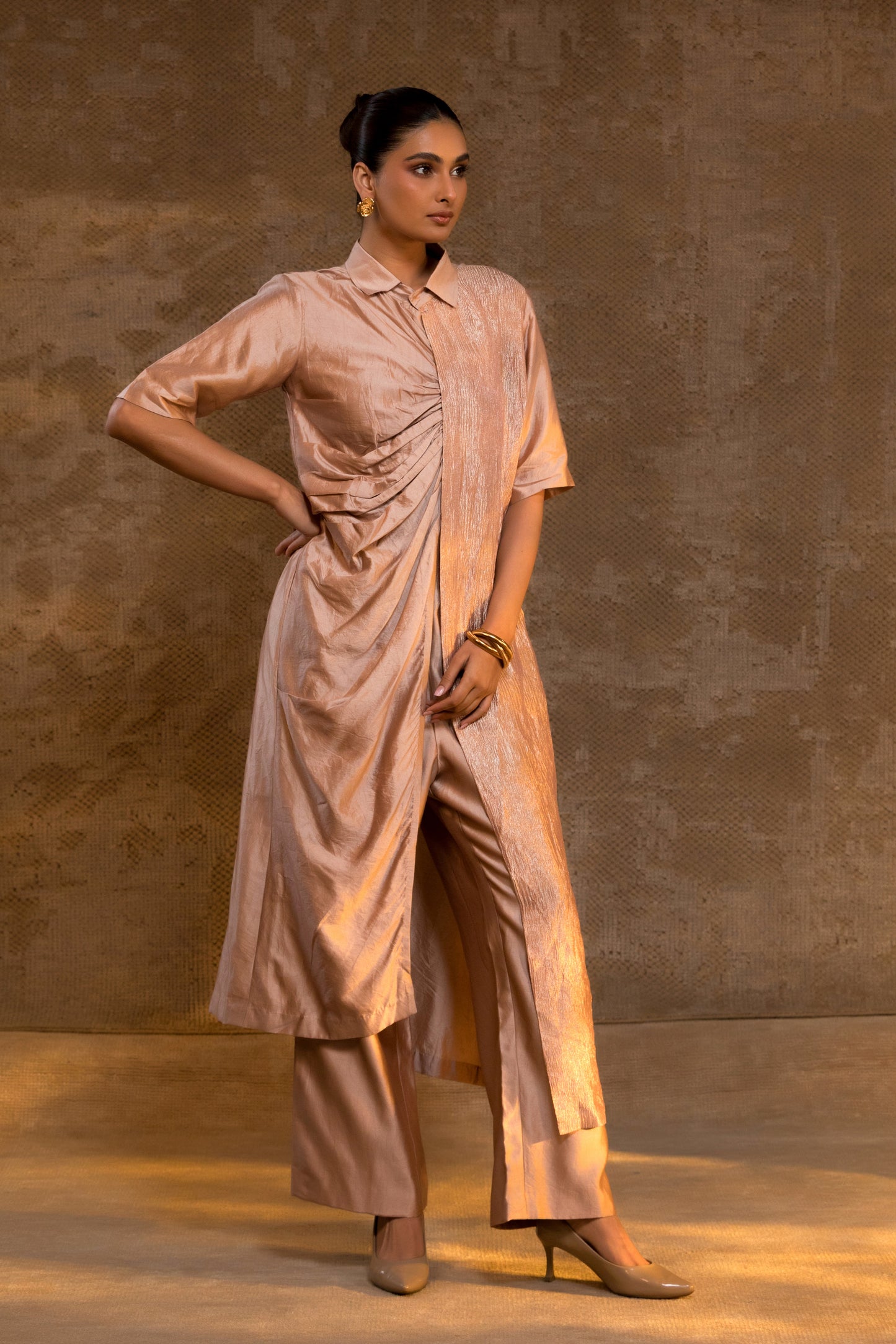 Agneya Silk Drape Shirt Set - Blush