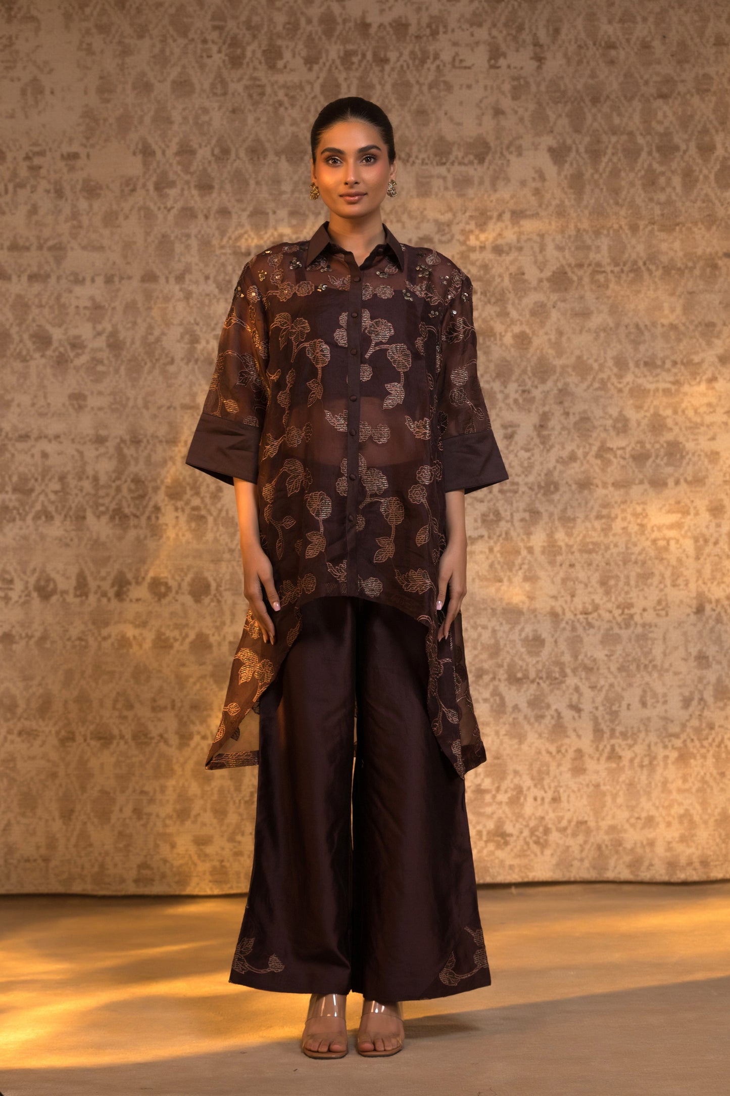 Taral Pure Organza Collared KurtaSet - Brown