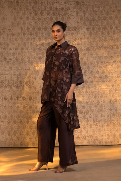 Taral Pure Organza Collared KurtaSet - Brown