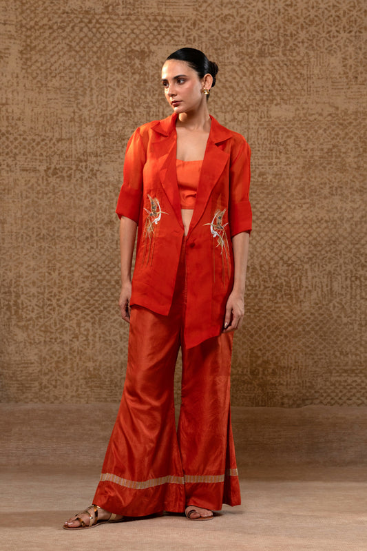 Model wearing  organza Jacket Pant Set in orange with hangings, trendy formal outfit for women