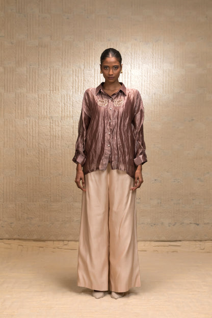 Eeda Silk Striped Tissue Shirt - Brown