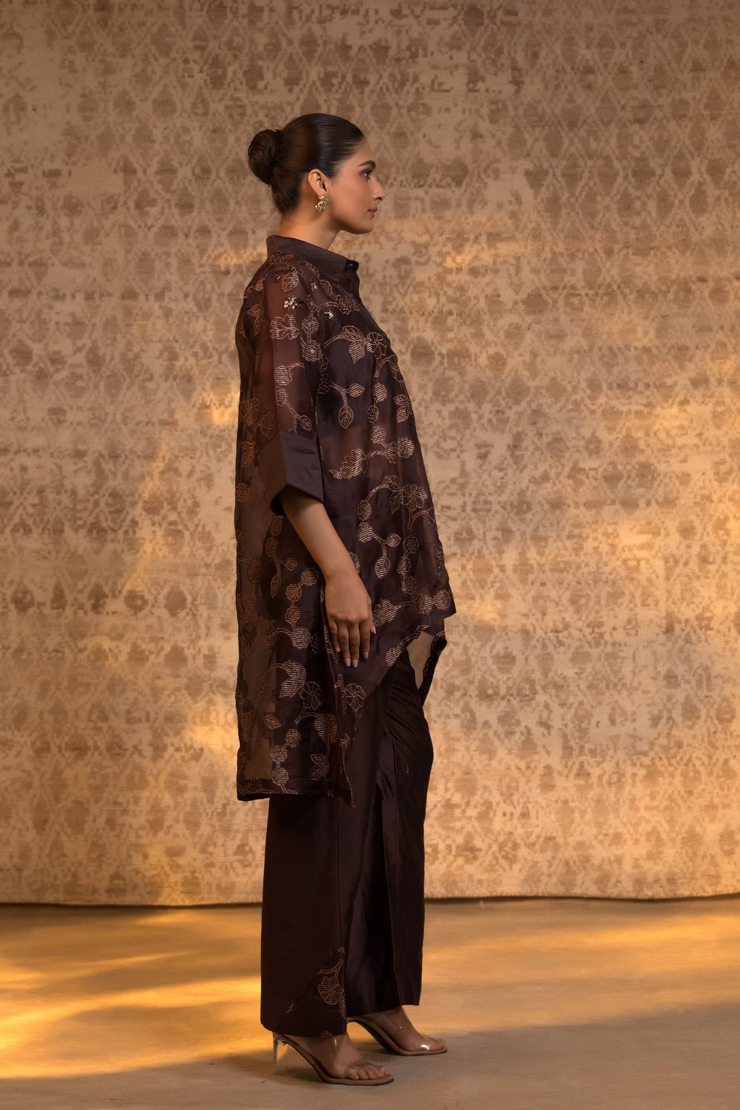 Taral Pure Organza Collared KurtaSet - Brown