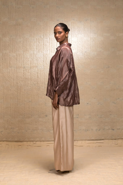 Eeda Silk Striped Tissue Shirt - Brown