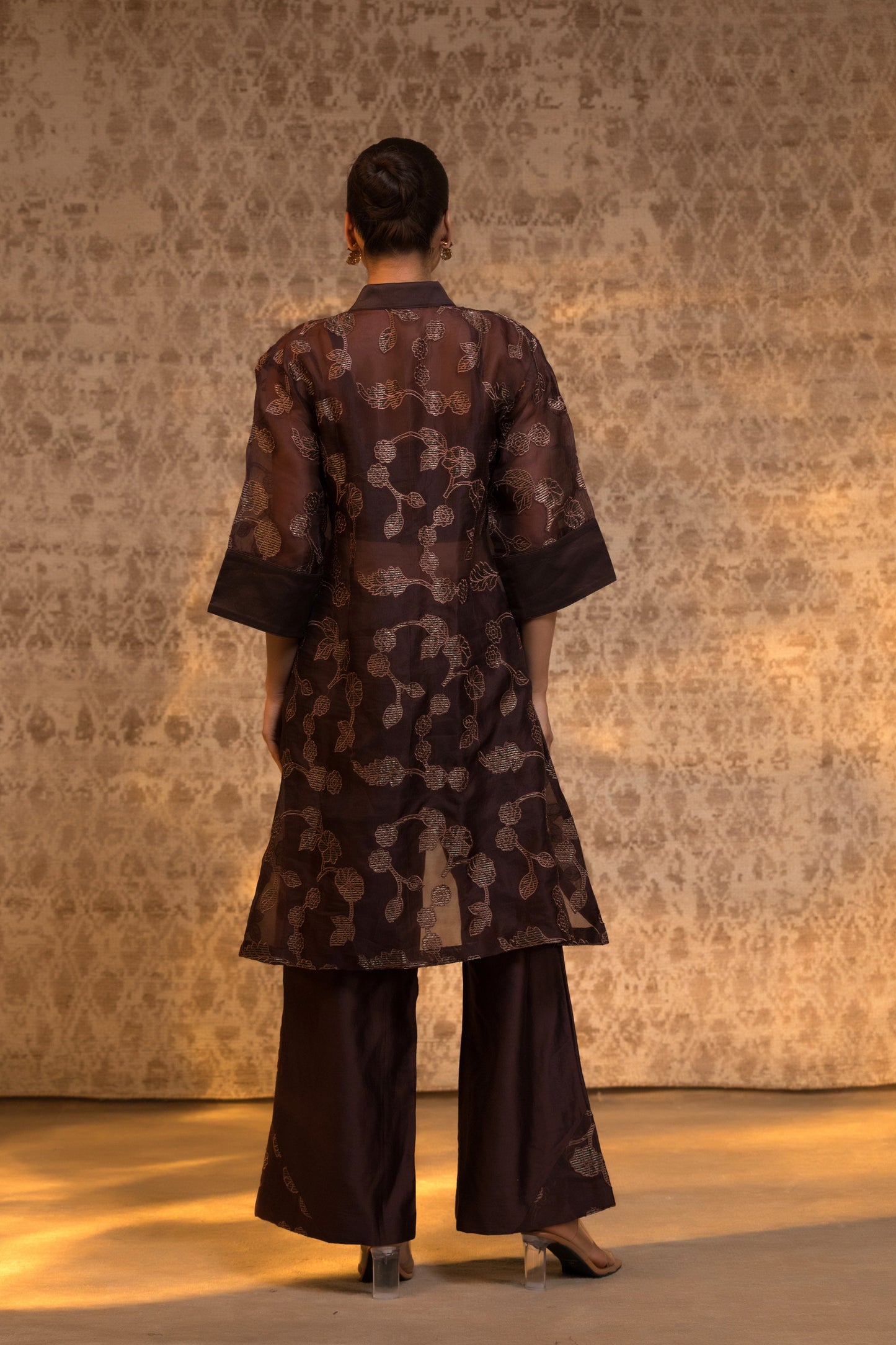 Taral Pure Organza Collared KurtaSet - Brown