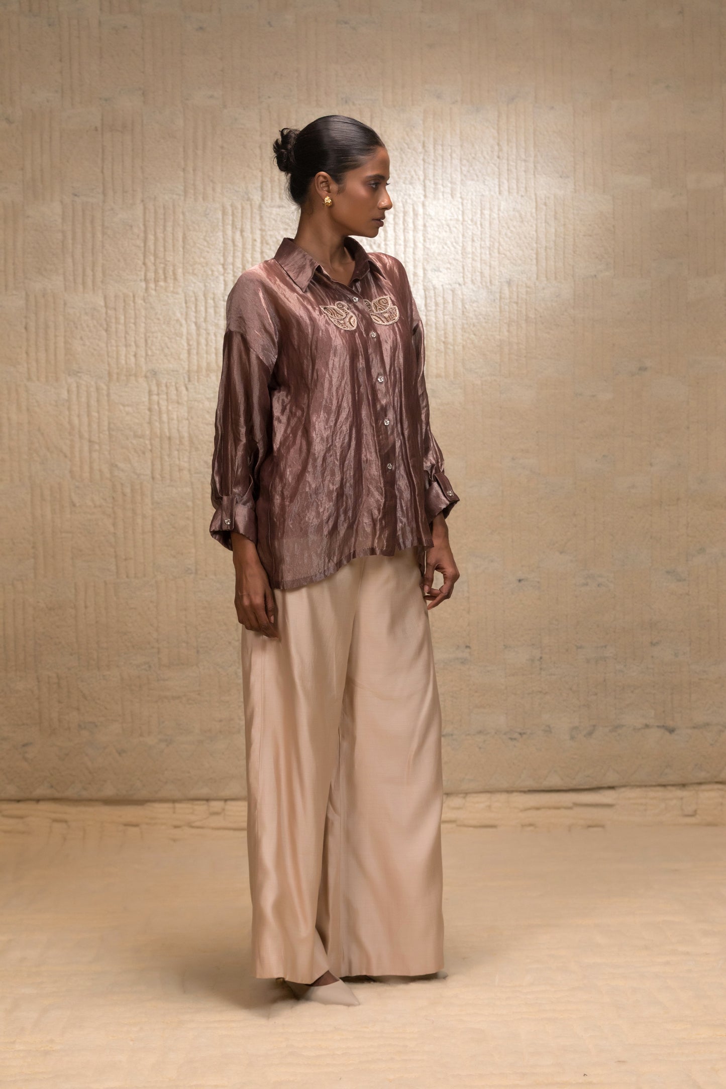 Eeda Silk Striped Tissue Shirt - Brown