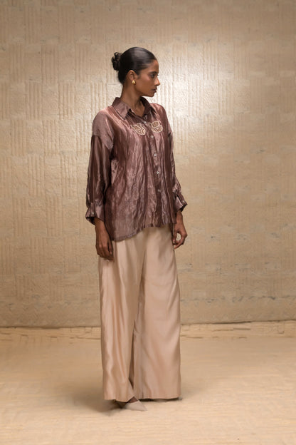 Eeda Silk Striped Tissue Shirt - Brown