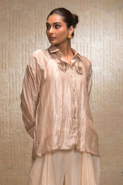 Ivory silk striped co-ord set with layered pants