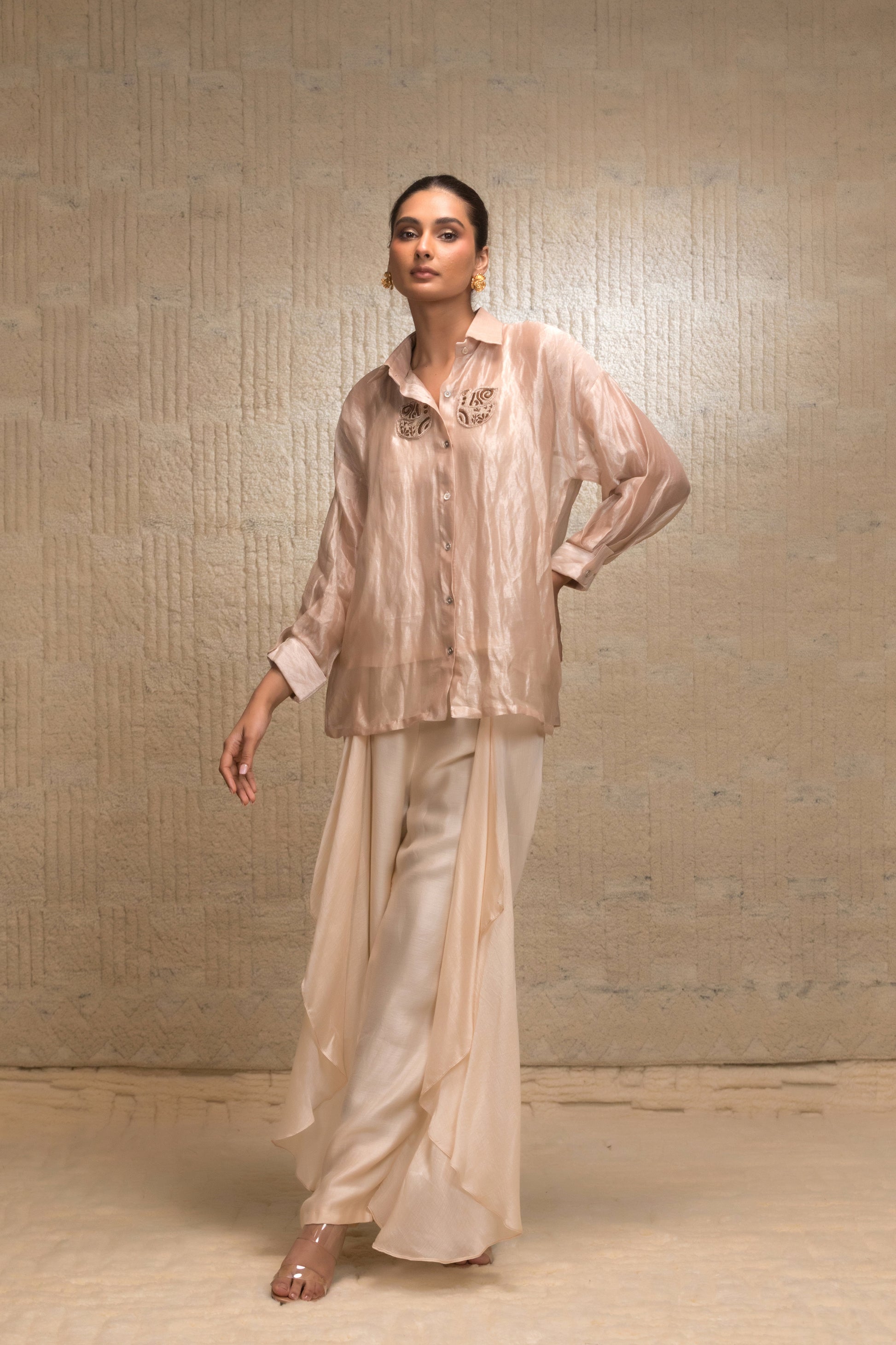 Pink tissue silk striped cord set with layered pants