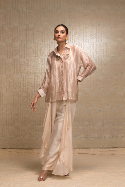 Pink tissue silk striped cord set with layered pants